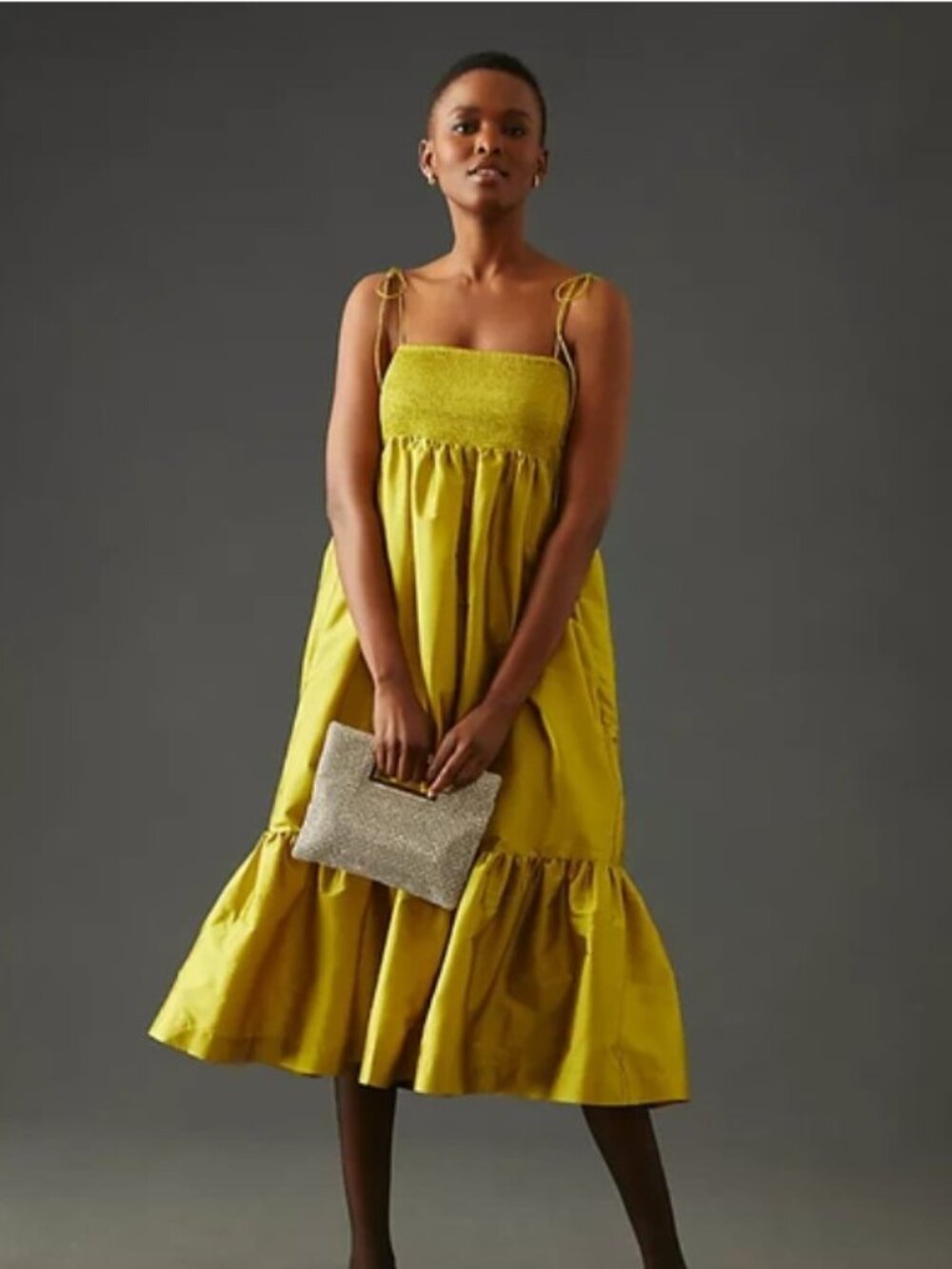 NWT Anthropologie Dhruv Kapoor Smocked Cerise Midi Dress Chartreuse Green Sz XL